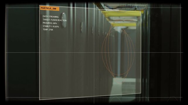 Data center aisle showing PARTICLE_SIM HUD fading in, simulation streaming orbitals for monitoring