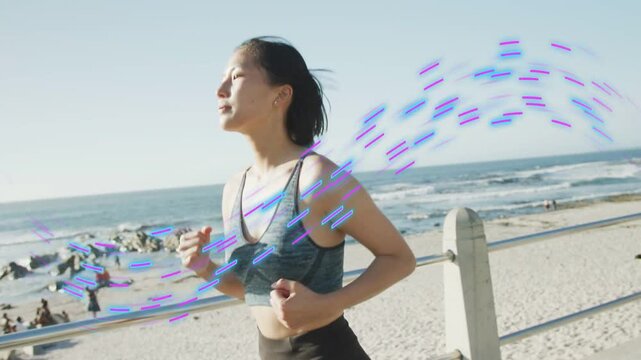 Vertical video: Woman starting jogging on boardwalk, purple streak trailing behind for fitness