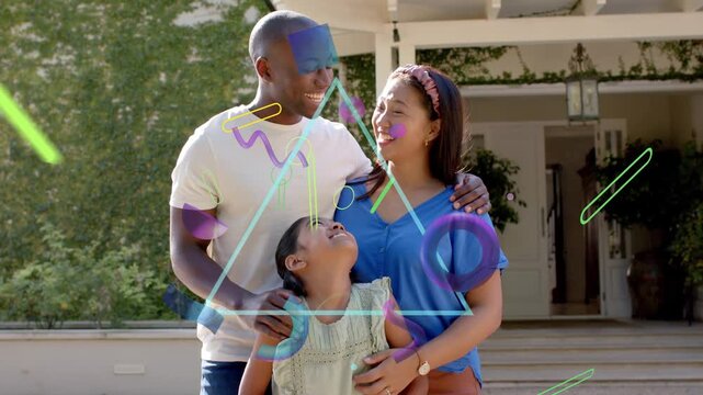 Vertical video: Family posing on porch marketing animation starting with neon triangle and shapes