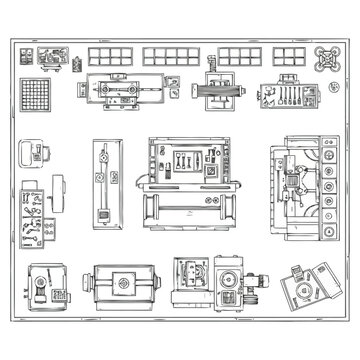 Detailed overhead perspective of an organized engineering workshop layout showcasing various machinery and tools illustrating a systematic industrial environment for manufacturing and