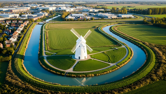 Aerial view of a white windmill surrounded by a winding river and green fields in a rural landscape