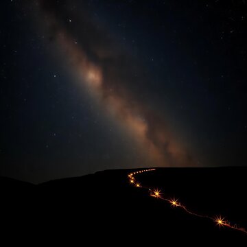 Whispers of starlight trace an uncharted path through velvet darkness, a silent cosmic sigh,  tranquil, milky way