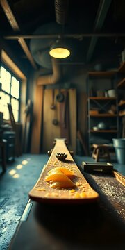 Warm wax cascades onto a vintage ski base, a solitary focus in a workshop imbued with the ghost of celluloid and a skewed perspective,  wax iron,  artisanal process