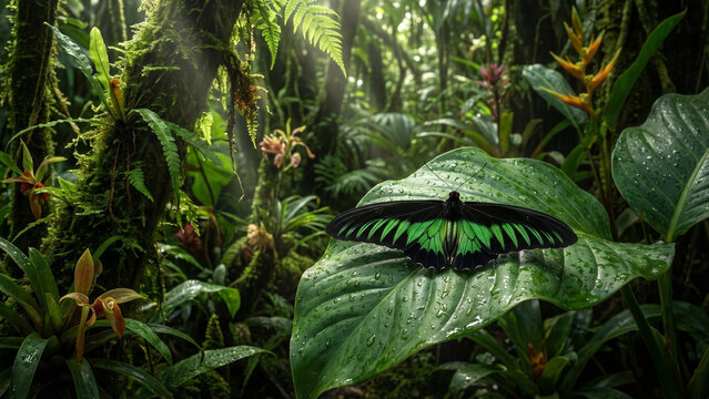 Rajah Brooke Birdwing in Tropical Jungle Scene