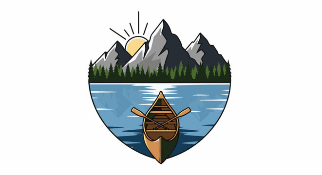 A canoe glides on a lake with mountains and trees in background