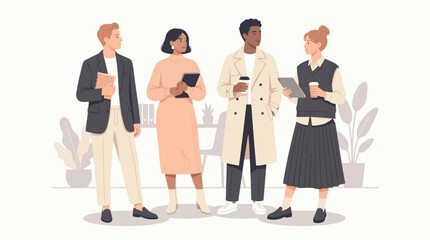 Fototapeta premium Diverse Stylish Young Professionals Standing Office Background Notebook Tablet Coffee Flat Vector Illustration