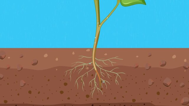 Animated plant photosynthesis process with sun energy and water absorption movement.