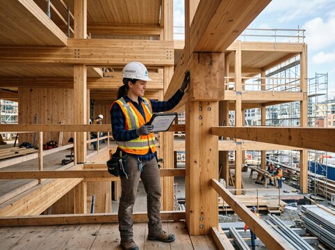 Female construction worker in safety gear examines plans on a tablet while standing beside a wooden beam in a partially constructed building site
