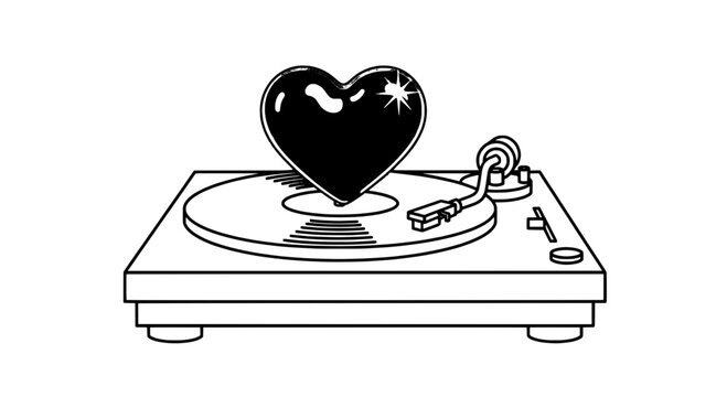 Turntable vinyl record player with heart shaped object on top and starburst design featuring music, black and white, illustration with vector and