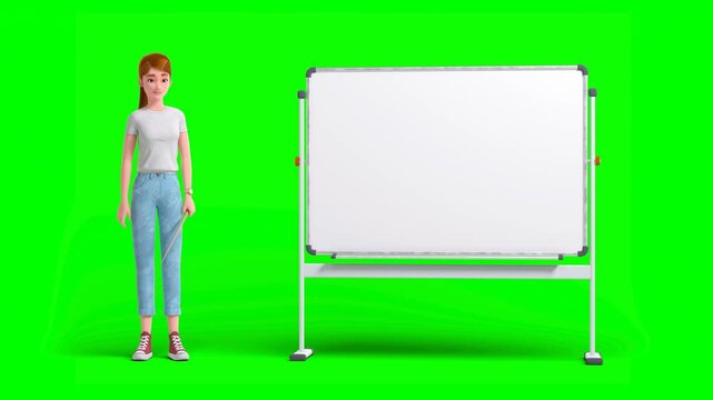 3D Animation of Woman Standing Next to Whiteboard, and Teaching or Giving Presentation and Pointing at It With Stick Delivering Explanation on Green Background