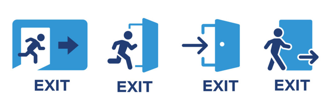 Running person exiting door icon set%3A emergency exit  logout  escape  and evacuation symbol