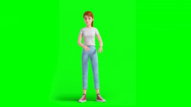 3D Animated Cartoon Individual With Red Hair Wearing T-Shirt and Jeans Gestures to Decline Offers With Hand Gesture. Green Screen.