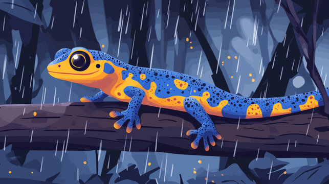 A vibrant newt illustration, its blue and yellow body against a dark rainy forest background