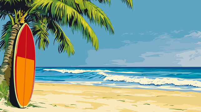 A vibrant illustration depicts a surfboard leaning against a palm tree on a sandy beach