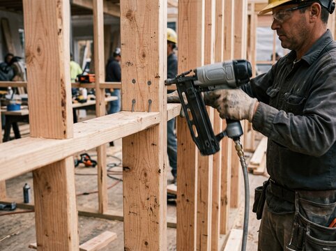 Male construction worker using a nail gun to secure wooden beams at a building site, with other workers and tools visible in the background