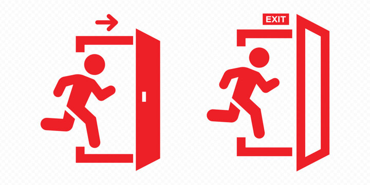Running person exiting door icon set%3A emergency exit  logout  escape  and evacuation symbol