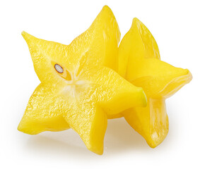 Fototapeta premium Two slices of star fruit or carambola isolated on white background with clipping path.