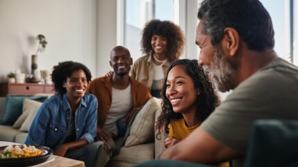 Fototapeta premium Friends laughing together around table enjoying social gathering in cozy modern home interior