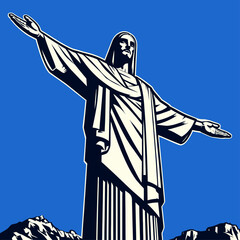 Christ the Redeemer Statue Vector Illustration, Minimal Flat Design with Bold Lines on Solid Blue Background, Iconic Landmark Brazil