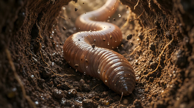A compelling close-up of an earthworm moving through rich, dark soil, highlighting its essential function in subterranean ecosystems and natural soil aeration processes