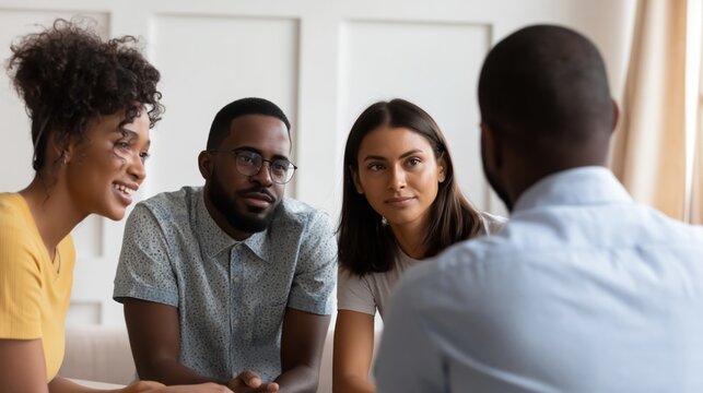 Small group discussion with diverse adults talking seriously in modern indoor meeting space