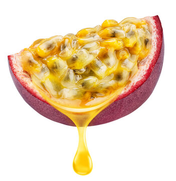 Half of passion fruit showing juicy pulp and seeds with a falling drop of juice, isolated on white background with clipping path.