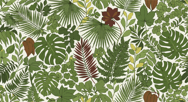 A dense tropical jungle pattern with various green leaves and a few brown accents