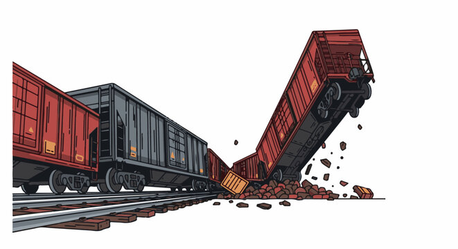 A derailed freight train, with some cars tipped over and cargo spilling