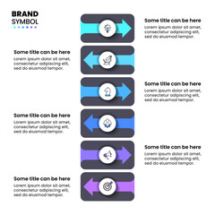 Infographic template. 6 arrows with icons and text © kuliperko