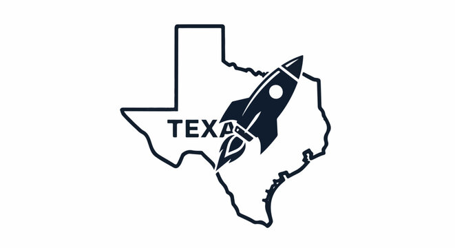 A dark blue silhouette of Texas with a rocket blasting off