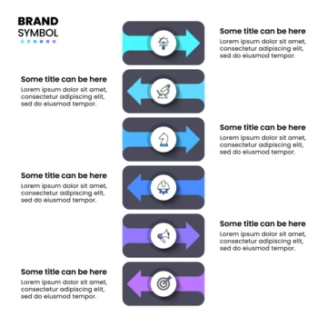 Infographic template. 6 arrows with icons and text
