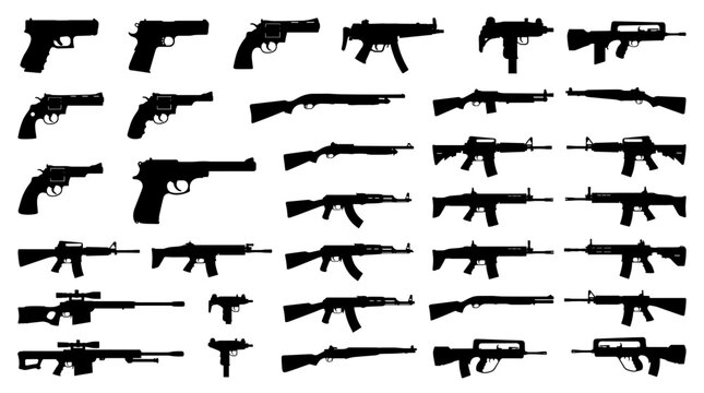 A comprehensive collection of silhouette illustrations showcasing a wide variety of firearms, including handguns, rifles, and submachine guns, arranged in a grid format.