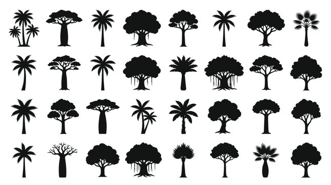 Collection of Silhouettes of Various Tropical and Exotic Trees, Including Palms, Baobabs, and Banyan Trees, Presented on a White Background.
