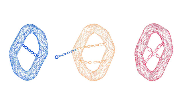 Three abstract, colored shapes resembling ovals with chains, arranged side by side