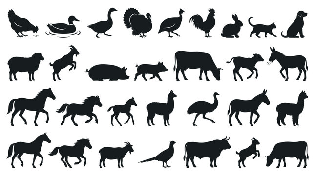 A comprehensive collection of black silhouettes representing a wide variety of farm animals and domestic pets, showcasing their distinct forms and postures.