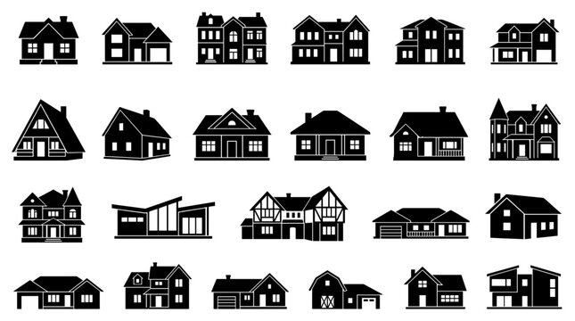 A collection of diverse house silhouettes, showcasing various architectural styles and designs.
