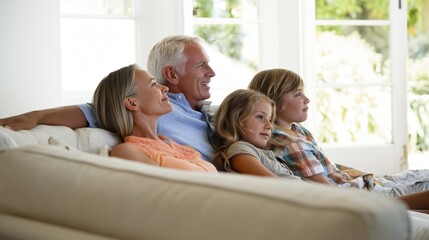 Obraz premium Family with grandparents and children sitting together on sofa relaxing in bright home