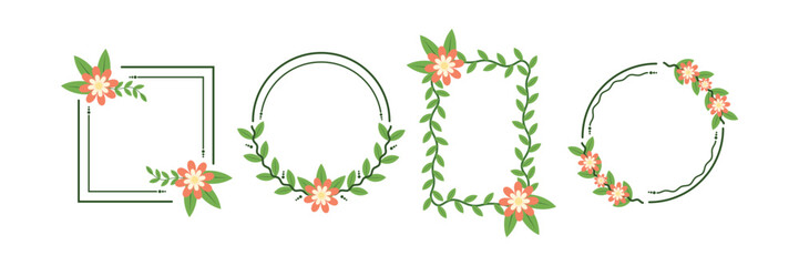 Collection Floral frame with a circle, round, or rectangle set. Doodle-style wreath. Vector illustration for wedding decor, birthday, social media posts and artistic photo layouts © Iuliana