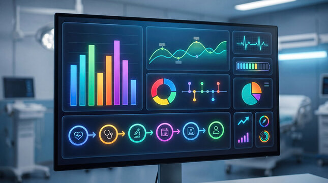 Modern clinic management software health care administration concept. Modern digital screen displaying vibrant analytics and data trends.