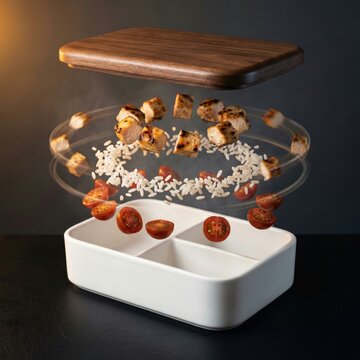 Grilled chicken rice cherry tomatoes flying into divided ceramic bowl