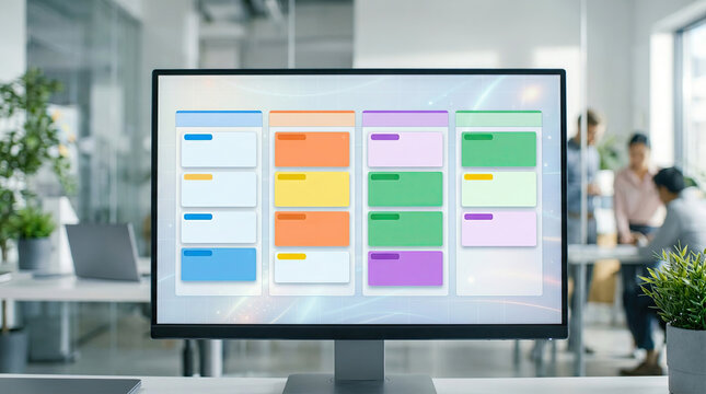 Agile project management scrum iteration boards abstract concept. Modern office workspace with digital project management tools.