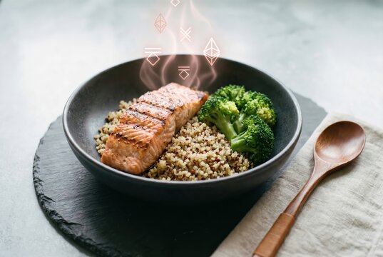 Grilled salmon quinoa broccoli bowl with wooden spoon on table