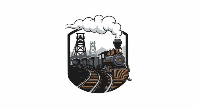 Vintage train hauling coal past mine towers with steam