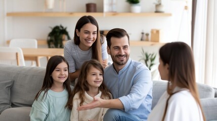 Obraz premium Family meeting with therapist discussing issues together showing communication support and emotional connection