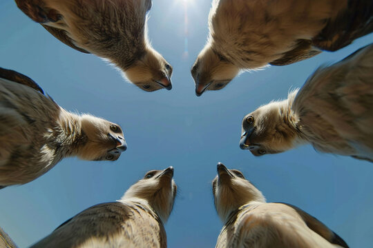 Low angle view of birds of prey in a circle huddle looking down at camera against blue sky