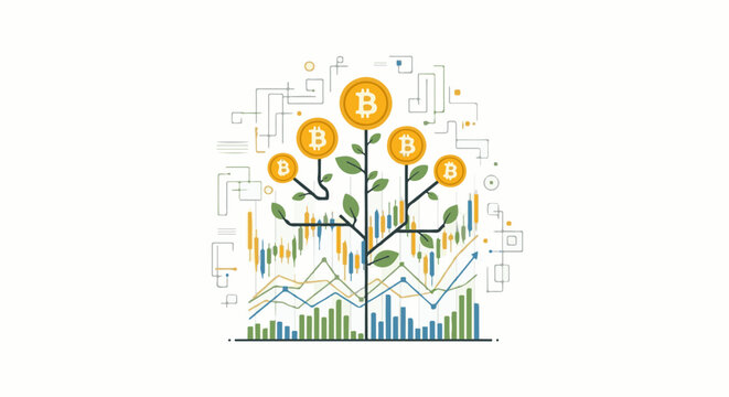 A digital tree of cryptocurrency coins grows from financial market charts