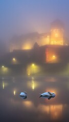 Łabędzie na Wiśle pod Wawelem w gęstej mgle, Kraków, Polska © Michal45