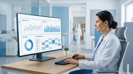 Fototapeta premium Modern clinic management software health care administration concept. Professional woman analyzing data on a modern computer screen.