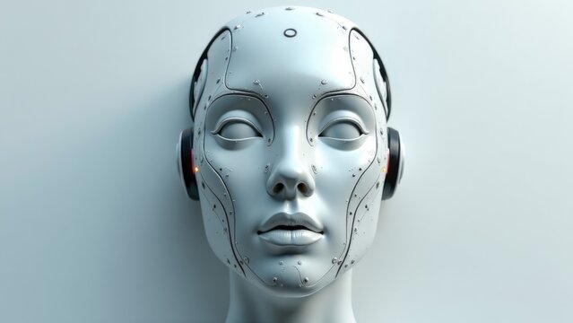 A robotic head with headphones, isolated on a neutral background