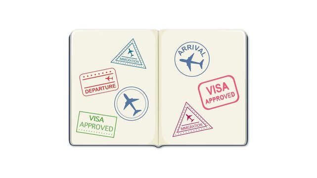 Animated passport opening with travel stamps on pages for tourism concept on white and green screen backgrounds.